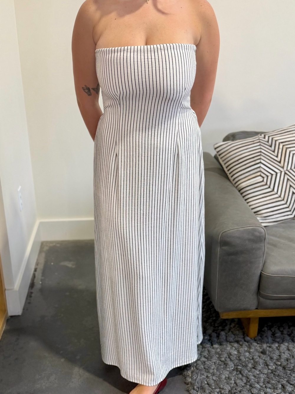 Strapless White Maxi Dress with Black Pinstripes
